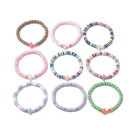 9Pcs Polymer Clay & Acrylic Cross Beaded Stretch Bracelets Sets for Women