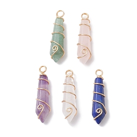Natural Mixed Gemstone Pointed Pendants, Faceted Bullet Charms with Copper Wire Wrapped