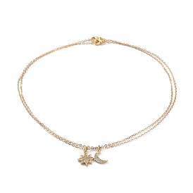 Brass Micro Pave Cubic Zirconia Pendant Necklace Sets, with Brass Cable Chains, 304 Stainless Steel Lobster Claw Clasps and Cardboard Packing Box, Star & Moon
