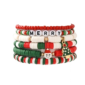 6Pcs Christmas Theme Polymer Clay Heishi Beads & Glass Seed Beaded Stretch Bracelets Set, Alloy Enamel Charm Bracelets