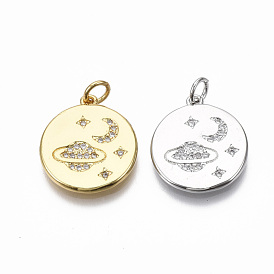 Brass Micro Pave Clear Cubic Zirconia Pendants, with Jump Ring, Nickel Free, Flat Round with Star/Moon/Universe