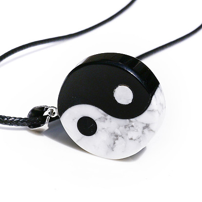 Natural Howlite & Obsidian Pendants, Flat Round Yin Yang Charms, with Platinum Plated Alloy Findings