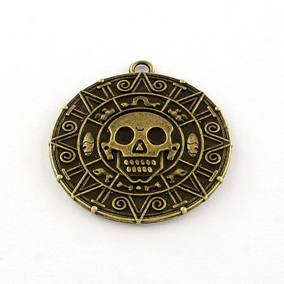 Flat Round with Skull Tibetan Style Alloy Pendants, Cadmium Free & Lead Free, 42.5x39x3mm, Hole: 3mm, about 85pcs/1000g