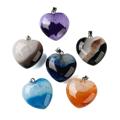 Dyed & Heated Natural Crystal Core Agate Pendants, with 304 Stainless Steel Snap on Bails, Heart Charms, Stainless Steel Color