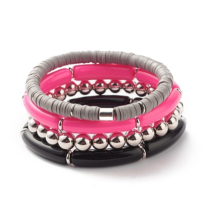 Synthetic Hematite & Polymer Clay Heishi Beads Stretch Bracelets Set, Chunky Curved Tube Beads Stackable Bracelets for Women