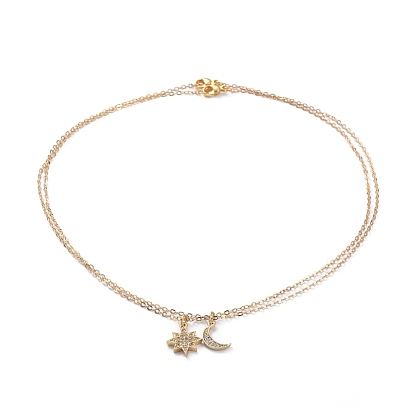 Brass Micro Pave Cubic Zirconia Pendant Necklace Sets, with Brass Cable Chains, 304 Stainless Steel Lobster Claw Clasps and Cardboard Packing Box, Star & Moon
