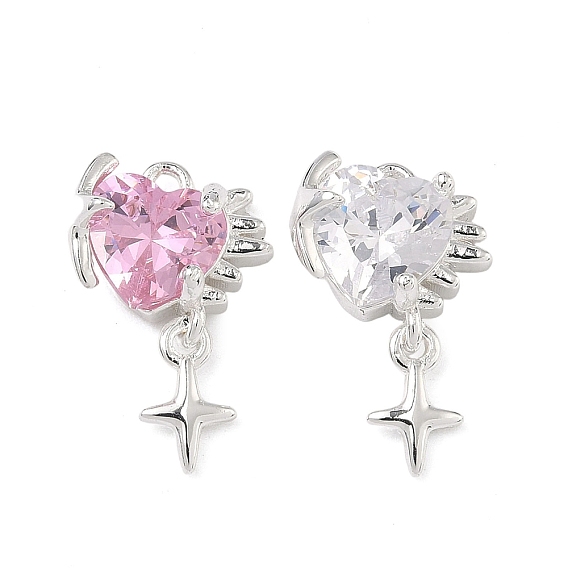 Латунное сердечко, инкрустированное кубическим цирконием, с подвесками в виде звезд., 925 серебро покрытием
