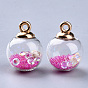 Transparent Glass Globe Pendants, with Resin & Resin Rhinestone & Conch Shell & Glass Micro Beads inside, Plastic CCB Pendant Bails, Round, Golden