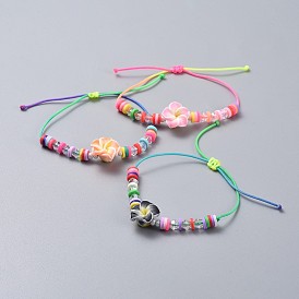 Adjustable Nylon Thread Kid Braided Beads Bracelets, with Polymer Clay Heishi Beads Beads and Glass Beads, Flower