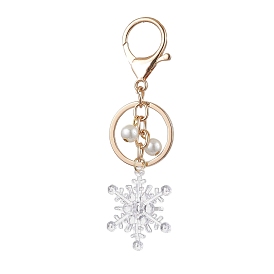 Snowflake Acrylic with Glass Pearl Bead Pendant Keychain, with Alloy Key Rings