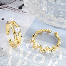 Цветочные латунные открытые манжеты для женщин, с пластиковой имитацией жемчуга, реальный 18 k позолоченный