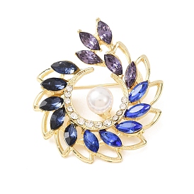 Alloy Rhinestone Lapel Pin Brooches, Flower, with Plastic Pearl, Golden