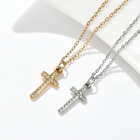 304 ожерелья с подвеской в виде креста из нержавеющей стали и стразами, ионное покрытие (ip)