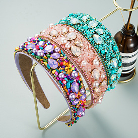 Colorful Gemstone Wide Headband with Rhinestones and Fabric, Chic Candy-colored Hair Accessories