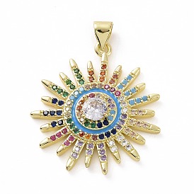 Brass Micro Pave Cubic Zirconia Pendants, with Enamel, Real 18K Gold Plated, Flower Charms