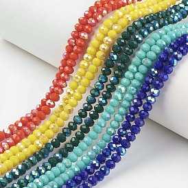 Electroplate Opaque Solid Color Glass Beads Strands, Half Rainbow Plated, Faceted, Rondelle