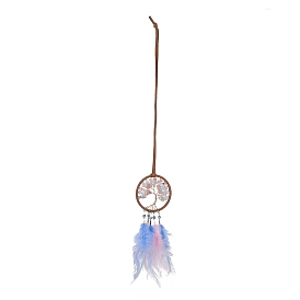 Iron Woven Web/Net with Feather Pendant Decorations, with Plastic, Strawberry Quartz, Aquamarine Beads, Covered with Leather & Brass Cord, Flat Round with Tree of Life