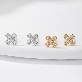 Delicate S925 Sterling Silver Clear Cubic Zirconia Stud Earrings, Flower