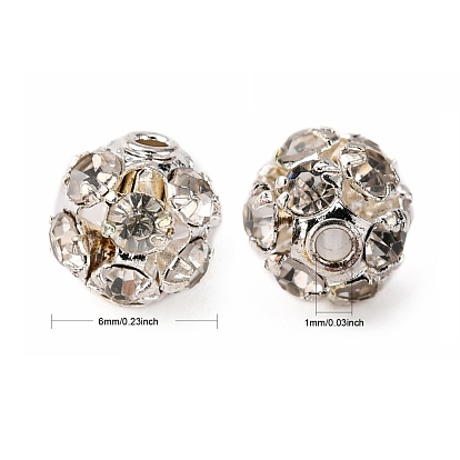 Brass Rhinestone Beads, Gunmetal, 6mm, hole: 1mm