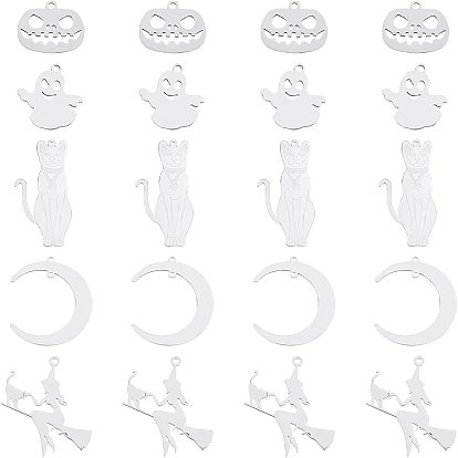 20Pcs 5 Style 201 Stainless Steel Pendants, Mixed Shapes, Halloween