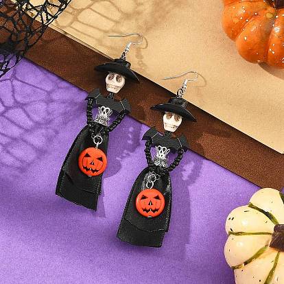 Opaque Acrylic Beads with Synthetic Turquoise Dangle Earrings, Pumpkin with Skull, Tibetan Style Bead Caps & Printed Wood Beads Dangle Earrings, with Single Face Satin Ribbon