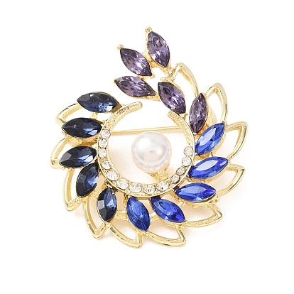 Alloy Rhinestone Lapel Pin Brooches, Flower, with Plastic Pearl, Golden