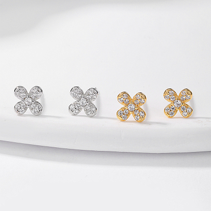 Delicate S925 Sterling Silver Clear Cubic Zirconia Stud Earrings, Flower