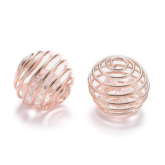 Iron Wrap-around Spiral Bead Cages, with Glass Beads, Round, 10x12mm, Hole: 3mm