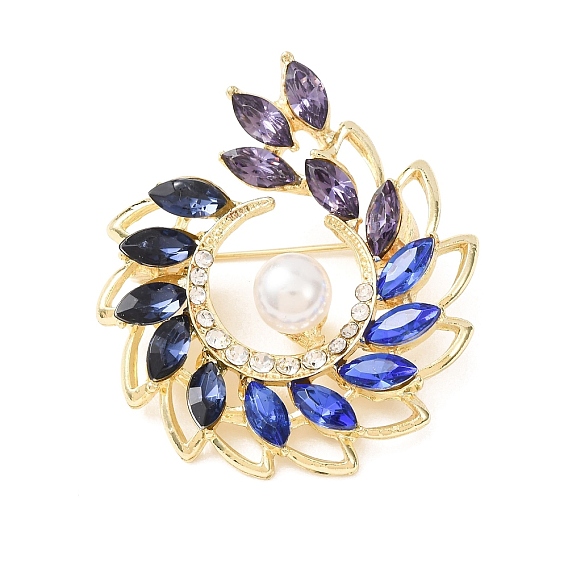 Alloy Rhinestone Lapel Pin Brooches, Flower, with Plastic Pearl, Golden