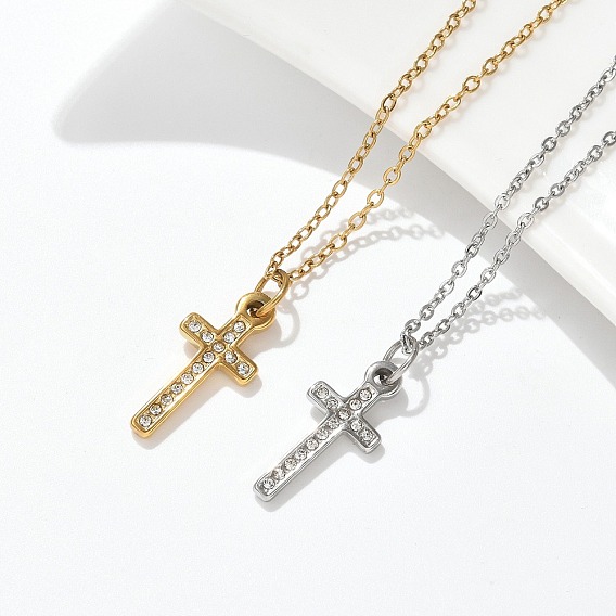 304 ожерелья с подвеской в виде креста из нержавеющей стали и стразами, ионное покрытие (ip)