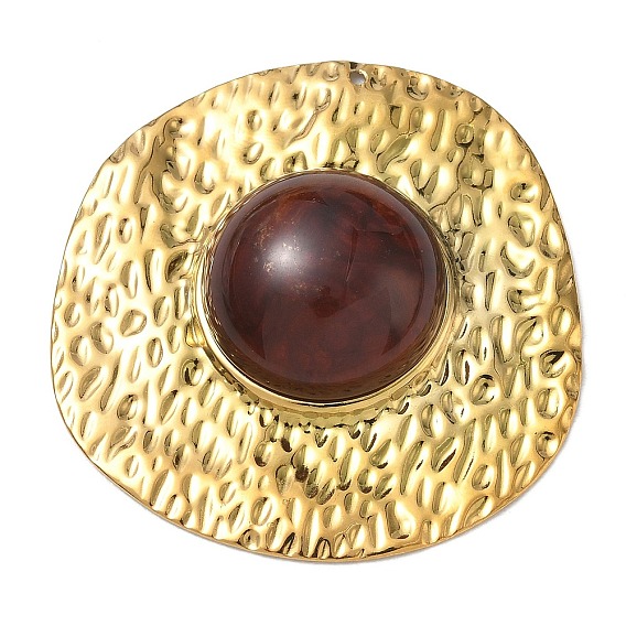 Hammered 304 Stainless Steel & Resin Pendants, Flat Round Charms, Ion Plating(IP), Long-Lasting Plated