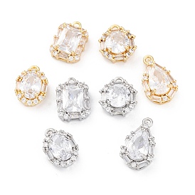 Brass Micro Pave Clear Cubic Zirconia Pendants, Mixed Shape Charms