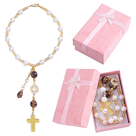 Glass Pearl Hanging Ornaments, Cross, with Cat Eye & Glass & Alloy Charms and Iron Chains