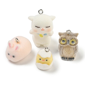 Flocking Resin Cute Pendants, Animal Charms with Platinum Plated Iron Loops, Rabbit/Bear/Owl/Chick