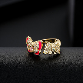 Butterfly Open Ring with 18K Gold Plating and Dripping Zirconia Stones for Wedding
