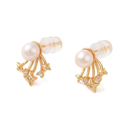 Sterling Silver Stud Earrings Micro Pave Clear Cubic Zirconia, with Natural Pearl, Jewely for Women, Star