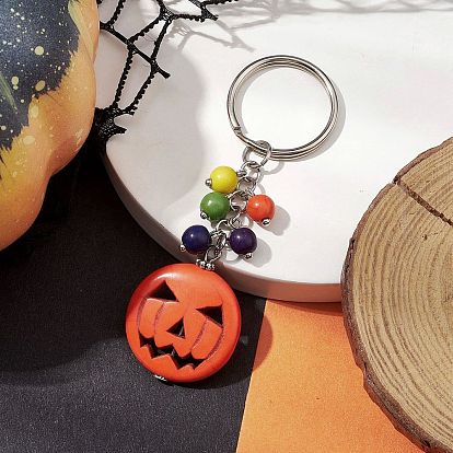 Halloween Synthetic Turquoise Keychains, with Iron Split Key Rings, Pumpkin