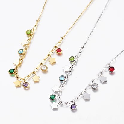 304 Stainless Steel Pendant Necklaces, with Rhinestone, Birthstone Charms and Paperclip Chains, Star, Colorful