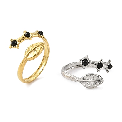 Кольца из натурального окрашенного и нагретого черного агата, лист 304 открытые манжетные кольца из нержавеющей стали с ионным покрытием (IP) для женщин