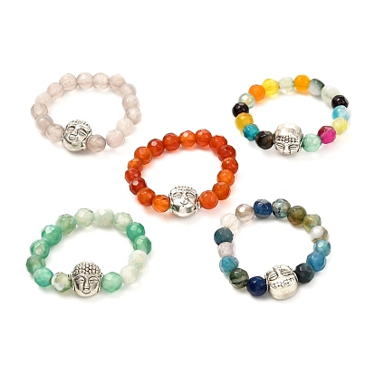 Natural Agate Beads Ring for Teen Girl Women, Tibetan Style Buddha Alloy Beads Ring