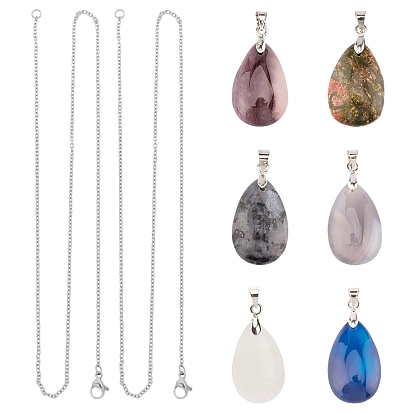 DIY Pendant Necklaces Making Kits, Including Natural Gemstone Pendants, 304 Stainless Steel Necklace Making, Teardrop