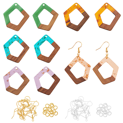 Kits de fabrication de boucles d'oreilles pendantes en bois de noyer, y compris 10 pcs 5 couleurs polygone résine & pendentifs en bois de noyer, crochets et anneaux de saut en laiton