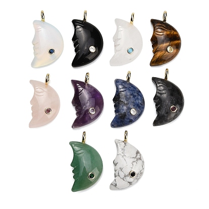 Gemstone Pendants, Moon Charms, with Brass Pave Cubic Zirconia Findings, Golden