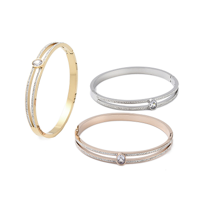 Ion Plating(IP) 304 Stainless Steel Pave Crystal Rhinestone Hinged Bangles, with Glass