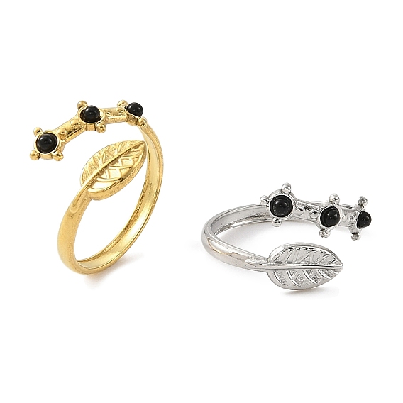 Кольца из натурального окрашенного и нагретого черного агата, лист 304 открытые манжетные кольца из нержавеющей стали с ионным покрытием (IP) для женщин