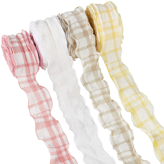 4 Rolls 4 Colors Polyester Wrinkle Check Pattern Ribbon, Clothes Accessories
