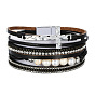 Bohemian PU Leather Bracelet with Multi-layer Wide Cross Handmade Pearl Bracelet.