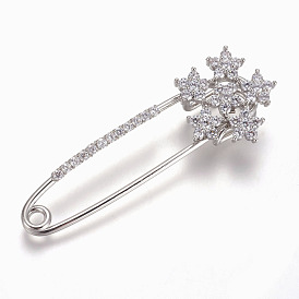 Brass Micro Pave Cubic Zirconia Safety Brooch, Flower