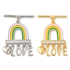 Brass Toggle Clasps, with Glass, Rainbow with word LOVE