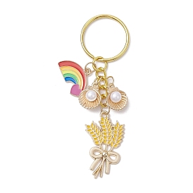 Porte-clés émail alliage, avec perles en plastique et apprêts en fer, blé, arc en ciel, forme coquille